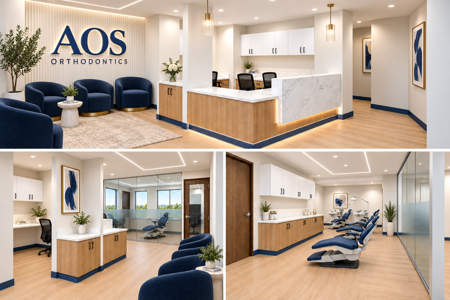 AOS Orthodontics office concept with an illuminated AOS wall sign, sculptural navy lounge chairs, brass accents, and light oak treatment spaces